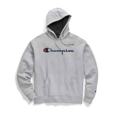 New Champion Men's Powerblend Script Logo Fleece Graphic Hoodie Grey  Large 