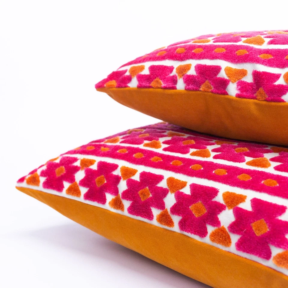 Kashan Geometric Cut Velvet Cushion. Bright Pink & Burnt Orange. 17x17" Cover - Image 3 of 4