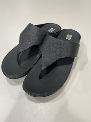 FitFlop Women's Shuv Adjustable Tumbled-Leather Toe-Post Sandals Wedge Black 10