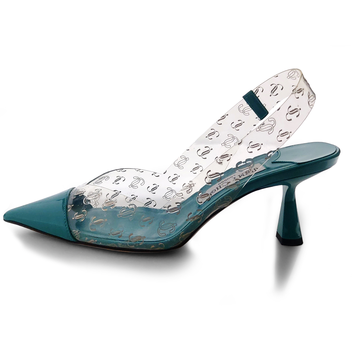Jimmy Choo Liya 65 Blue Leather Clear PVC Logo Slingback Jimmy Choo Liya 65 Blue Leather Clear PVC Logo Slingback