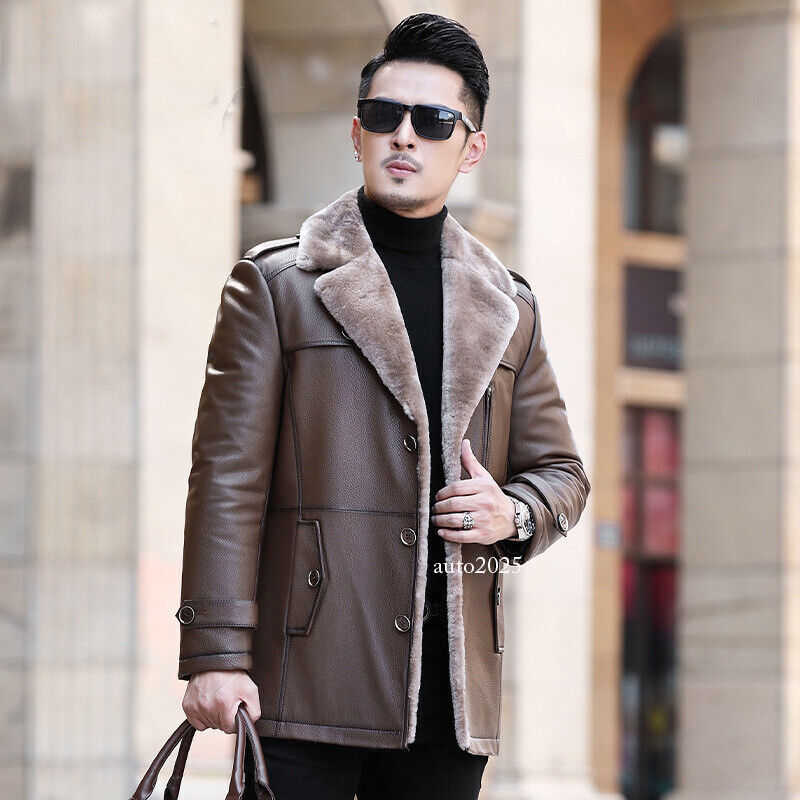 Mens Real Lamb Wool Shearling Fur Collar Lined Real Leather Jacket