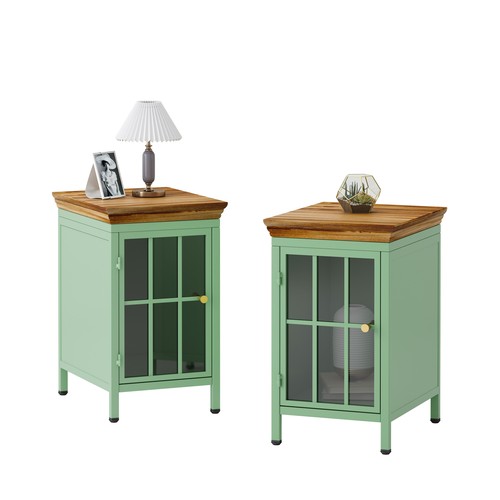 Nightstand with Tempered Glass Door Metal Bedside Table with Solid Wood Tabletop - Picture 9 of 23