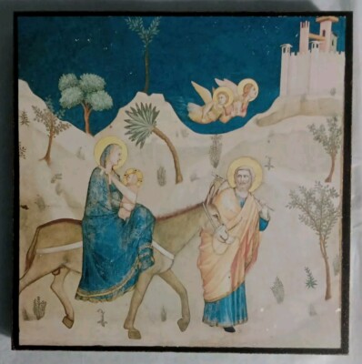 Holzikone mit Darstellung Giottos ''Die Flucht nach Ägypten''; Handarbeit 6''/ 14cm 