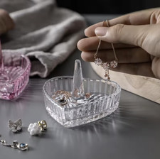 Vintage Heart Design Clear Glass Ring Dish Display Tray Small Jewelry Holder