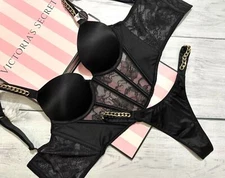Victoria's Secret Bombshell Corset Bra Set Gold Chain 32B 32C 32D +2 cups Black