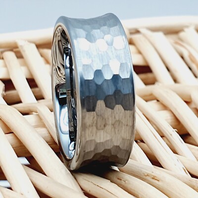 Men's Hammered Tungsten Wedding Ring | Concave Anniversary Band for Him & Her