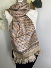 Silk Rectangular Scarf Beige Multi 100 12" x 45" Japanese Fringe Vintage NWOT