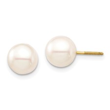 Real 14K Yellow Gold Madi K 7-8mm White Round Cultured Pearl Screwback Earrings