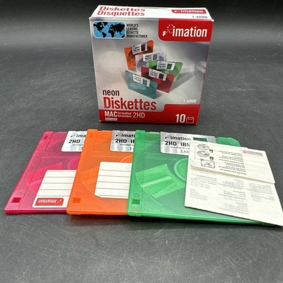 NEW Imation Neon 3.5'' Diskettes Mac Formatted 2HD 1.44MB 10-Pack Open Box + 3