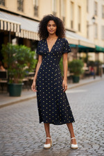 ZARA Dress S Polka Dot Midi Viscose Navy Yellow Bias Retro 30s Wedding Romantic