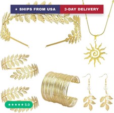 7 Pcs Greek Goddess Costume Toga Accessories Set with Golden Leaf Crown Coil Bra