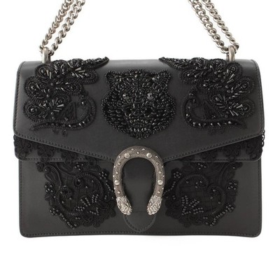 Gucci Dionysus Lace Beaded Leather Shoulder Bag Black