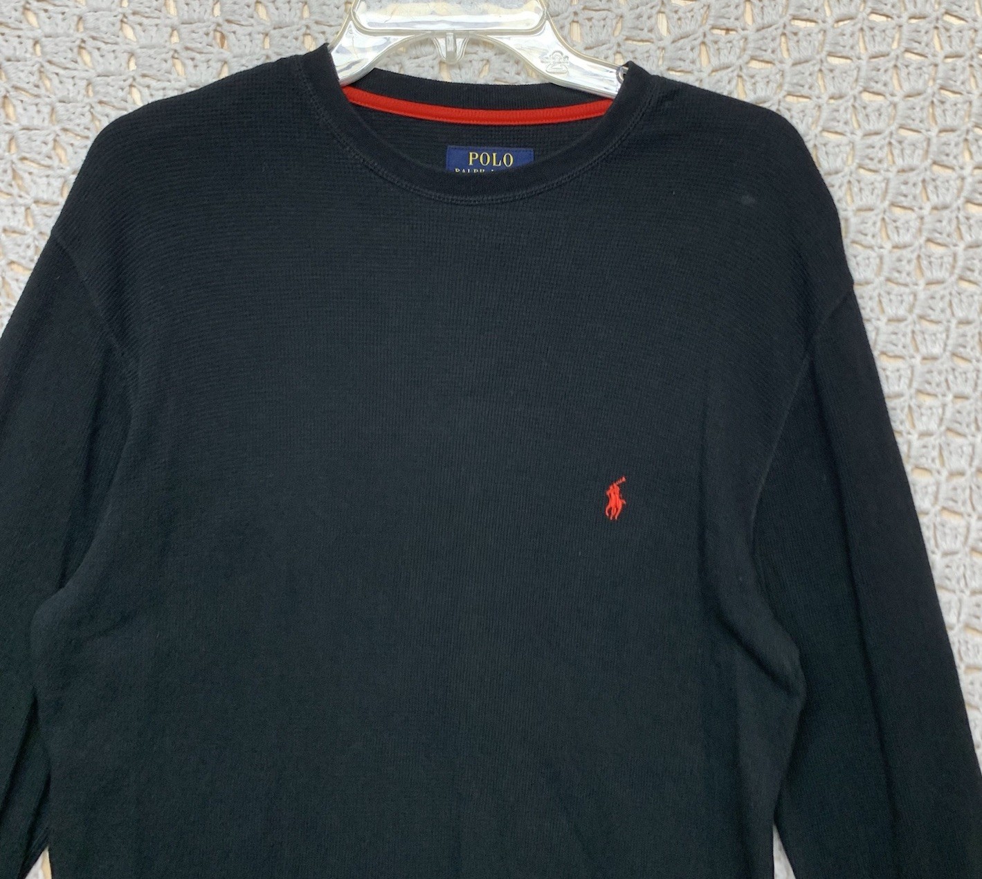 Polo Ralph Lauren camicia termica uomo L nero rosso pony girocollo waffle cotone