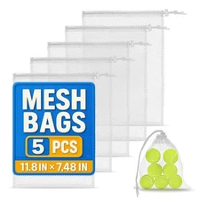 5 Pack Small Mesh Drawstring Bags Nylon Net Pouches for Sports Gear Laundry