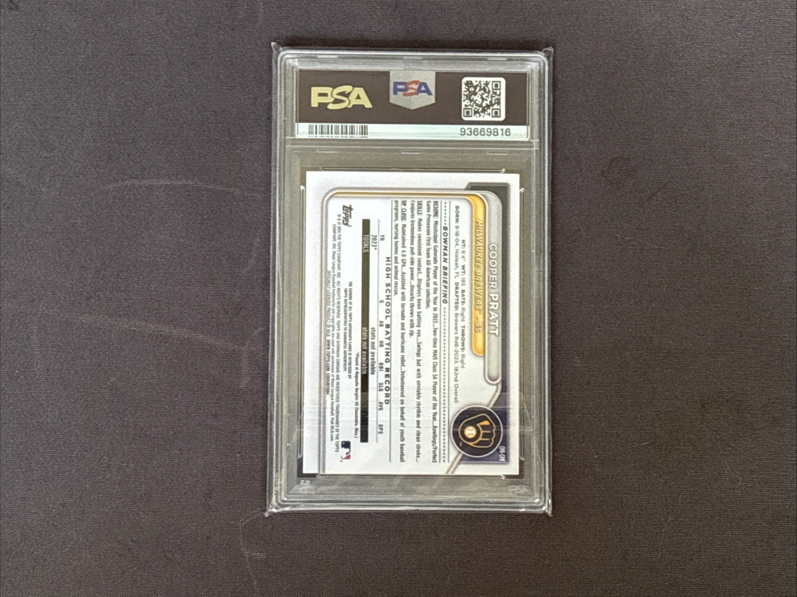 2024 Bowman Chrome Cooper Pratt 1st Bowman Auto PSA 10 Brewers view 2