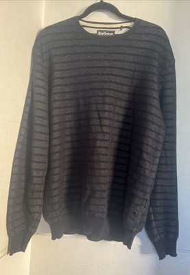 Barbour Mens Crew Neck Knit Sweater Men s L Subtle Navy Blue Stripe Thick Cotton