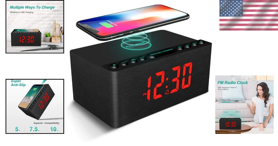 Wooden Digital Alarm Clock FM Radio with Wireless Charger - Image 2 of 4