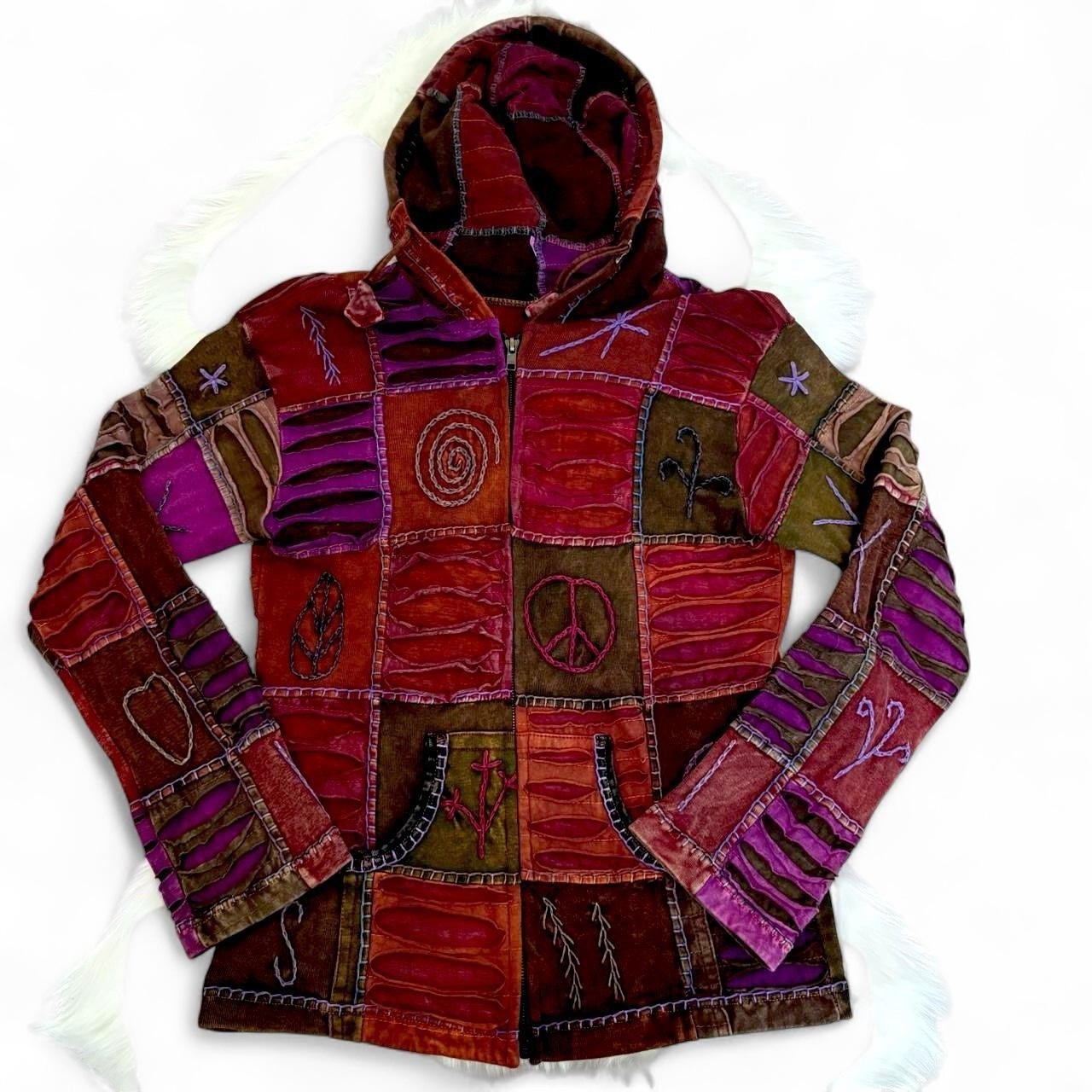 Multicolor patchwork embroidered cotton zip up ja… - image 1