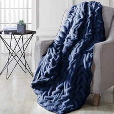 Luxury Solid Braided Faux Fur Reverse to Flannel Throw Blanket, Navy - 50" x 60"