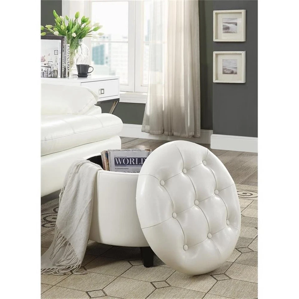 Convenience Concepts Designs4Comfort Round Ottoman in Ivory Faux Leather Fabric - Image 2 of 4
