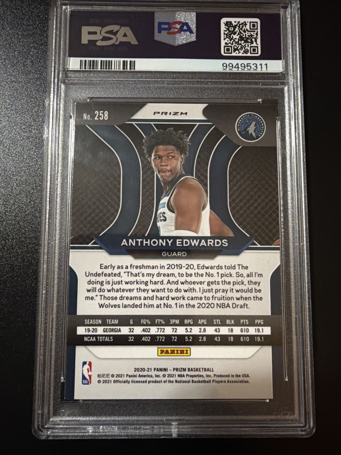 2020 PANINI PRIZM RED/WHITE/BLUE PRIZM #258 ANTHONY EDWARDS ROOKIE RC PSA 9 view 4