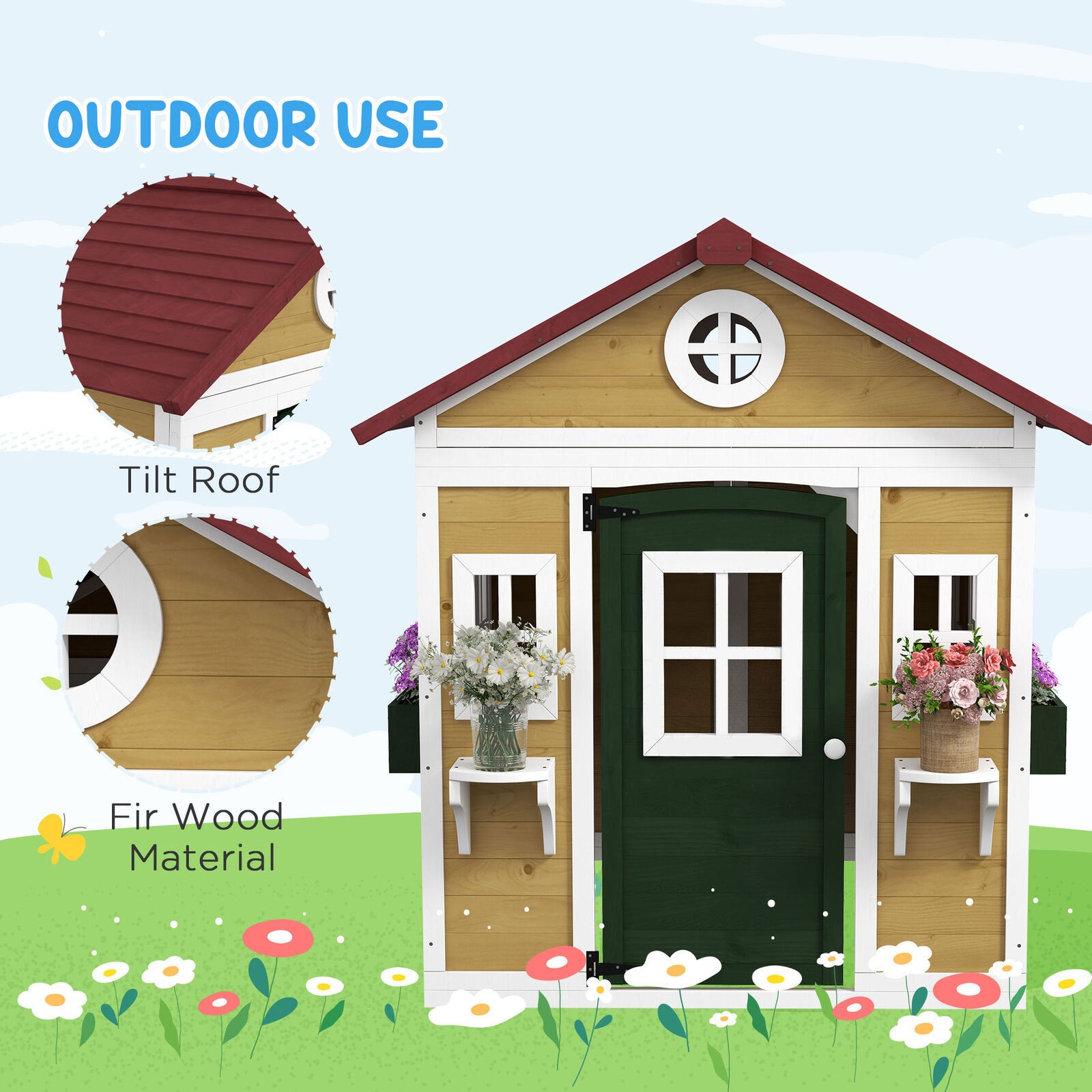 Playhouse for Kids with Doors Windows Planter Pots and Boxes
