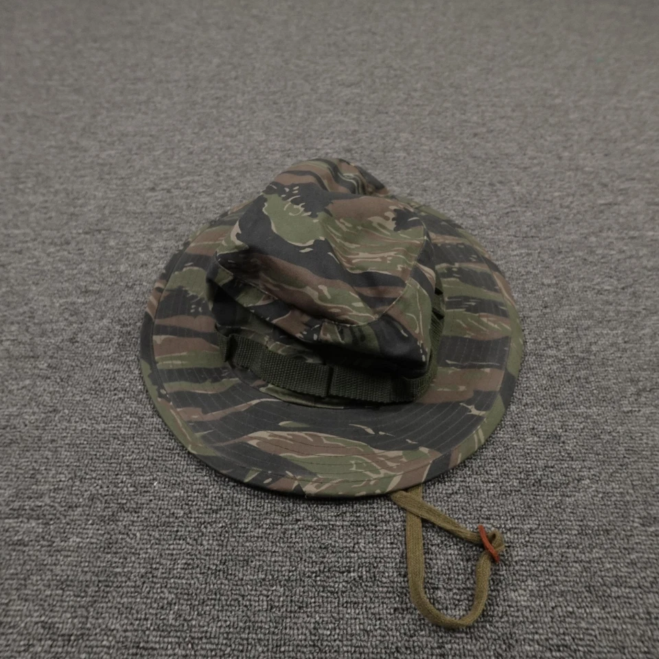 Military Tiger Stripe Camo Hat Boonie Fitted Mens 7 1/2 Green Chin Strap - Image 3 of 4