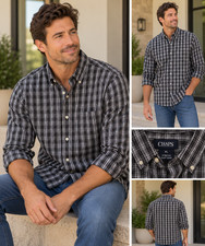 CHAPS Men's XL Stretch Easy Care Plaid Button Down Shirt Black Gray Long Sleeve