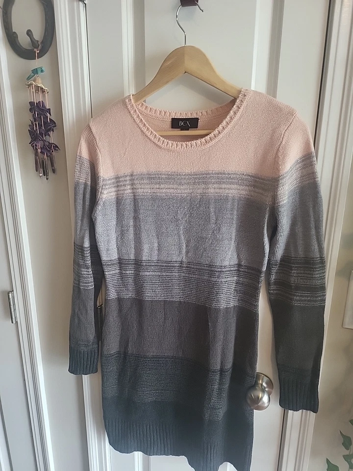 Suéter ceñido al cuerpo gris/rubor a rayas BCX grande para mujer #3215 Foto 2 de 4