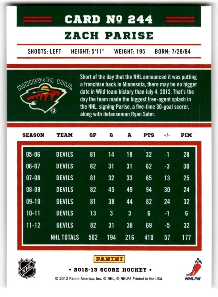Zach Parise 2012-13 Score Gold Rush #244 Minnesota Wild - Image 2 of 2