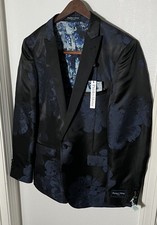 Paisley  Gray Slim Fit Blue Black Floral Blazer Tuxedo Jacket Party / 40R Slim