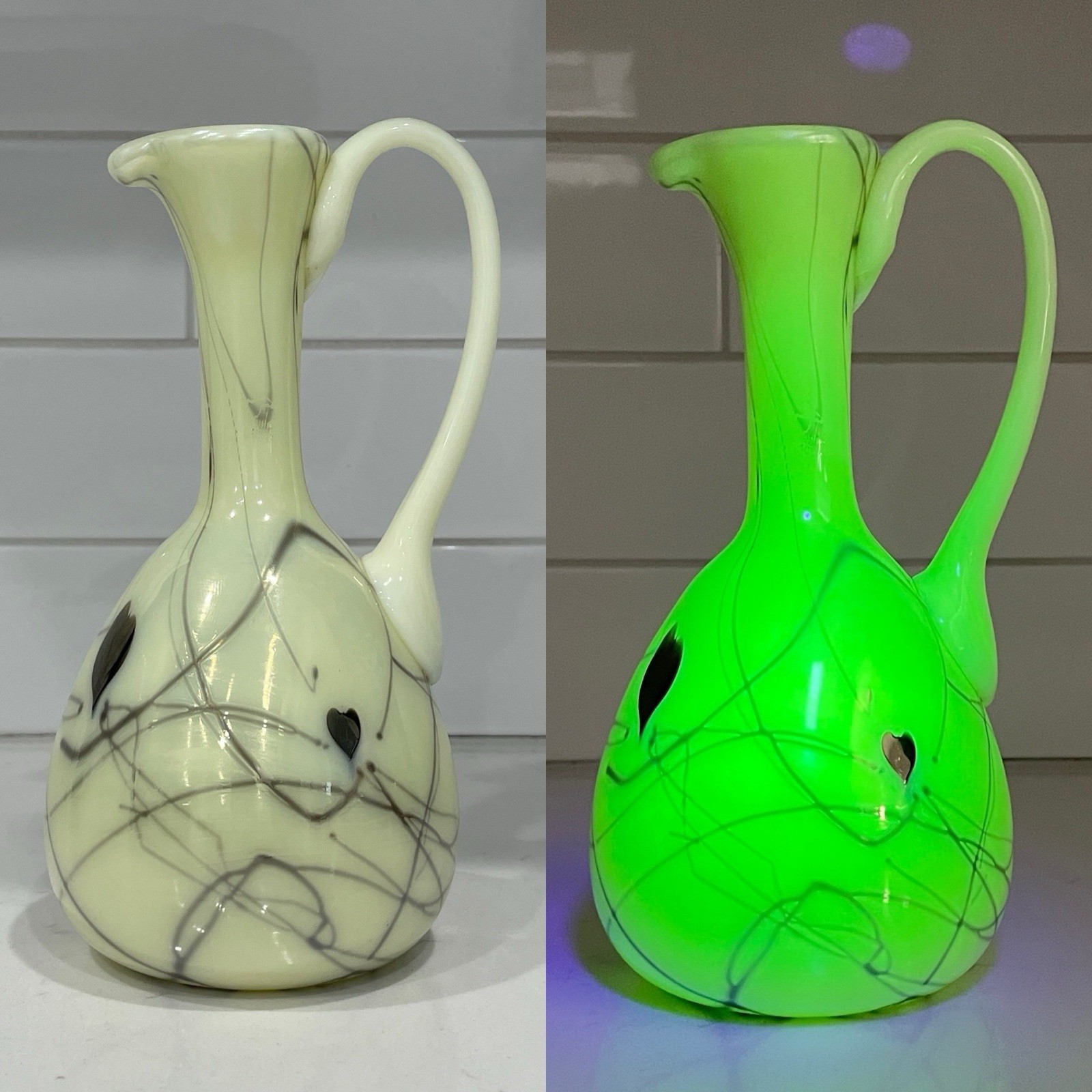 Vtg 1976 Fenton Hanging Heart Uranium Custard Glass Ewer Pitcher Vase