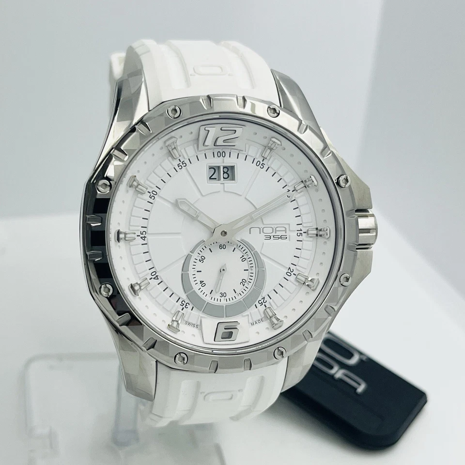 Reloj Hombre NOA 356 Blanco Silicona Zafiro Cristal Plata 44mm Hecho en Suiza Foto 3 de 4