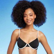 Shade Shore Women's Underwire Contrast Band Bikini Top Black Size 34D