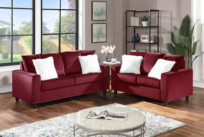 NEW 2PC Sofa Couch Loveseat Set Red Velvet Modern Living Furniture