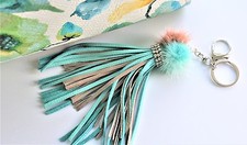 Fur Pom Pom Key Chain, Purse Charm, Key Fob, Fur Pom Pom, Suede Leather Tassel