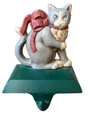 Midwest of Cannon Falls Cast Iron Cat Kitty Stocking Holder Hanger gray Red Bow