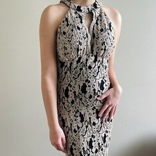 Nightway Womens Black Gold Glitter Lace Halter Keyhole Gown Prom Dress Size 2 