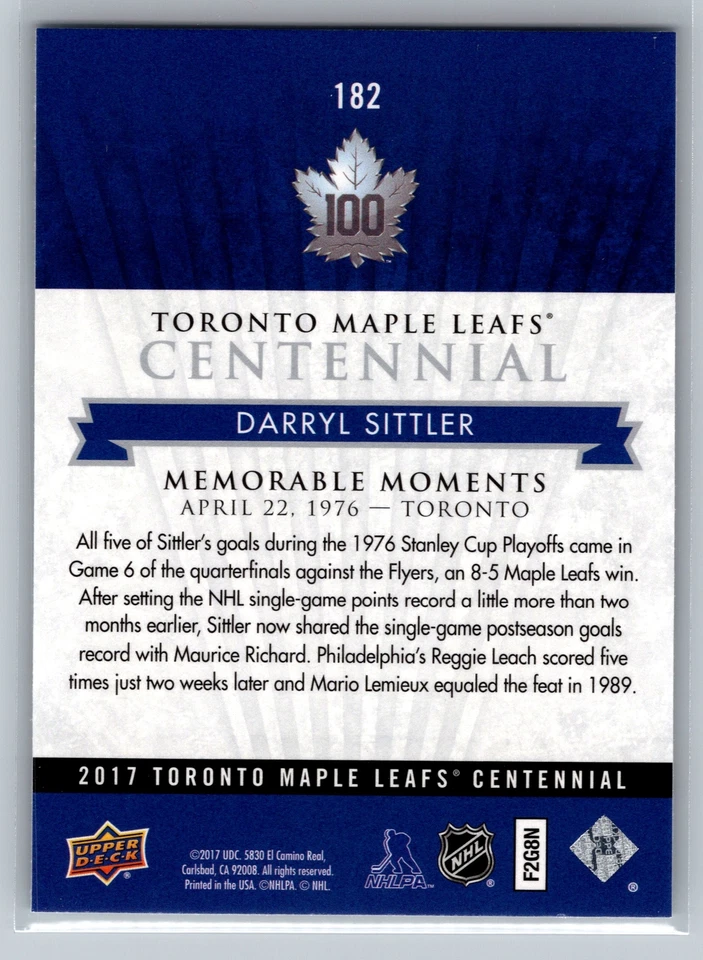 2017 Upper Deck Toronto Maple Leafs Centennial #182 Darryl Sittler SP - Image 2 of 2