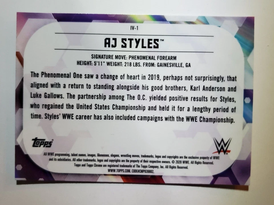 2020 Topps Chrome WWE Image Variations REFRACTOR - #IV-1 AJ STYLES - Image 2 of 2