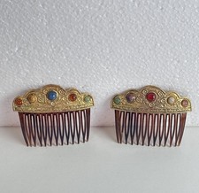 Vintage Victorian Brass Over Copper Cabochon Ornate Celluloid Hair Combs