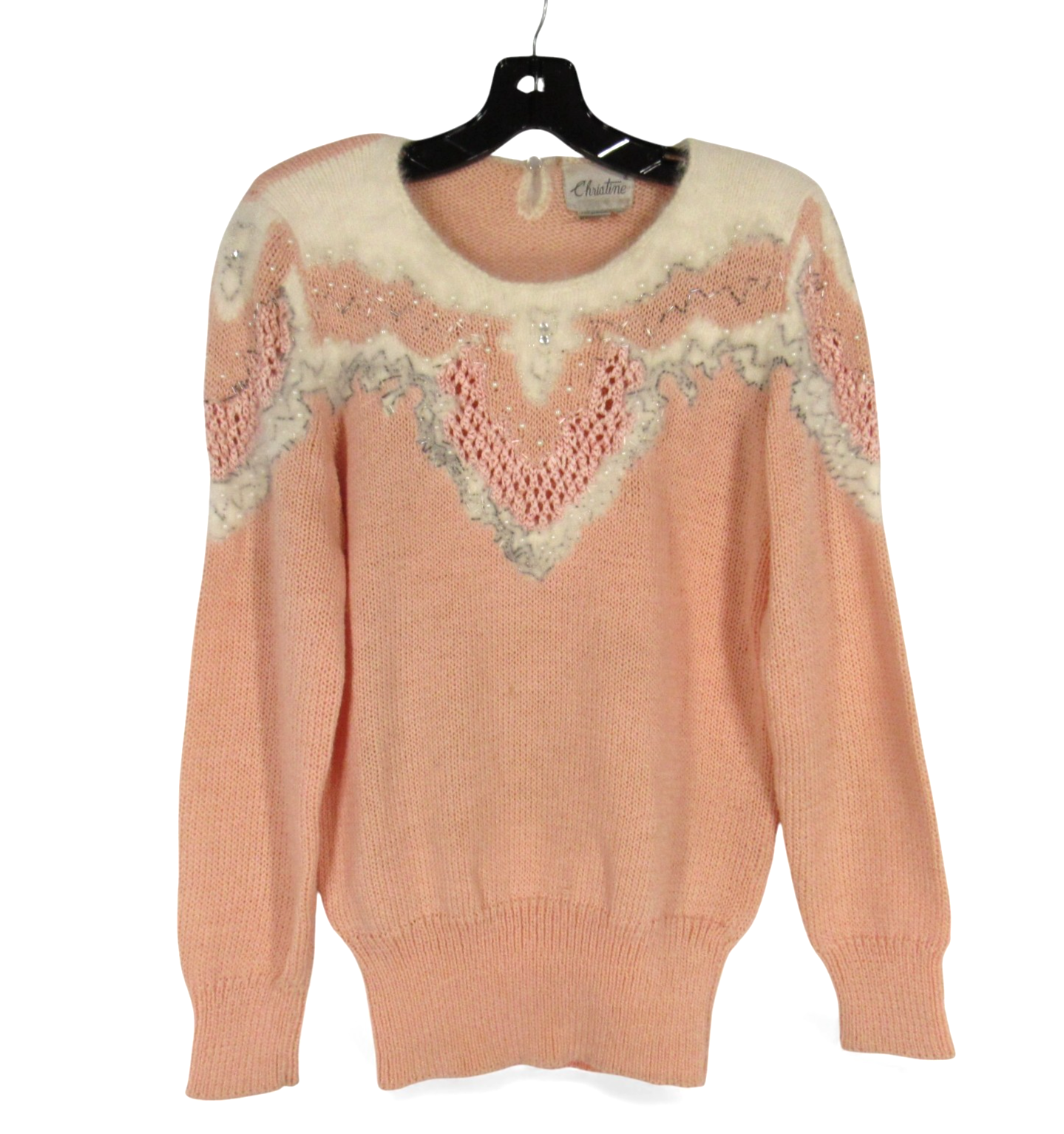 VTG CHRISTINE Pink ANGORA BLEND Pearls/Beaded BANDED TRIM Knit Sweater Sz M