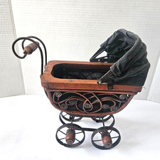 Antique Victorian Wood/Iron Cloth Baby Doll Carriage/Buggy/Stroller, 11" Tall.