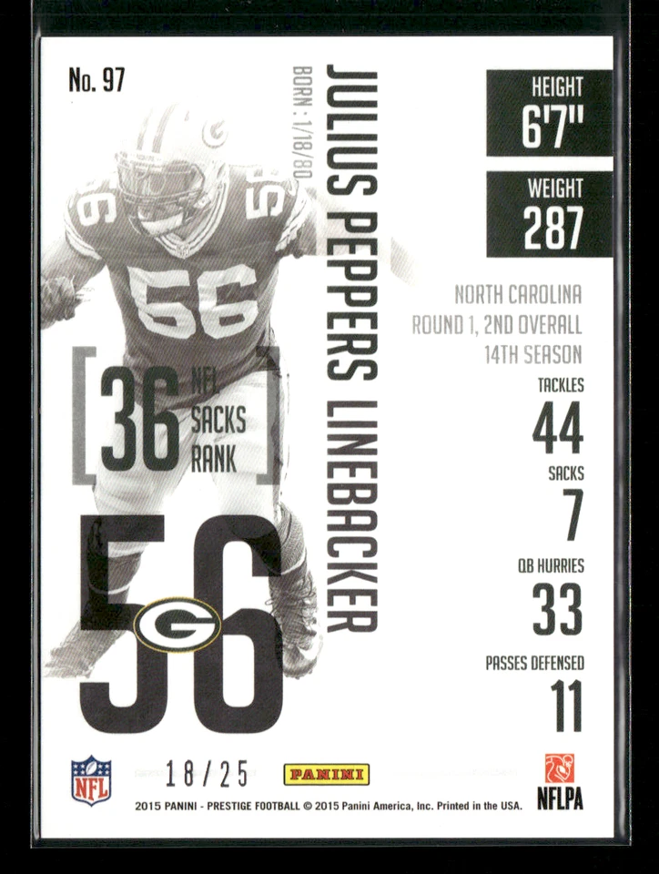 2015 Panini Prestige #97 Julius Peppers Extra Points Platinum /25 - Image 2 of 2