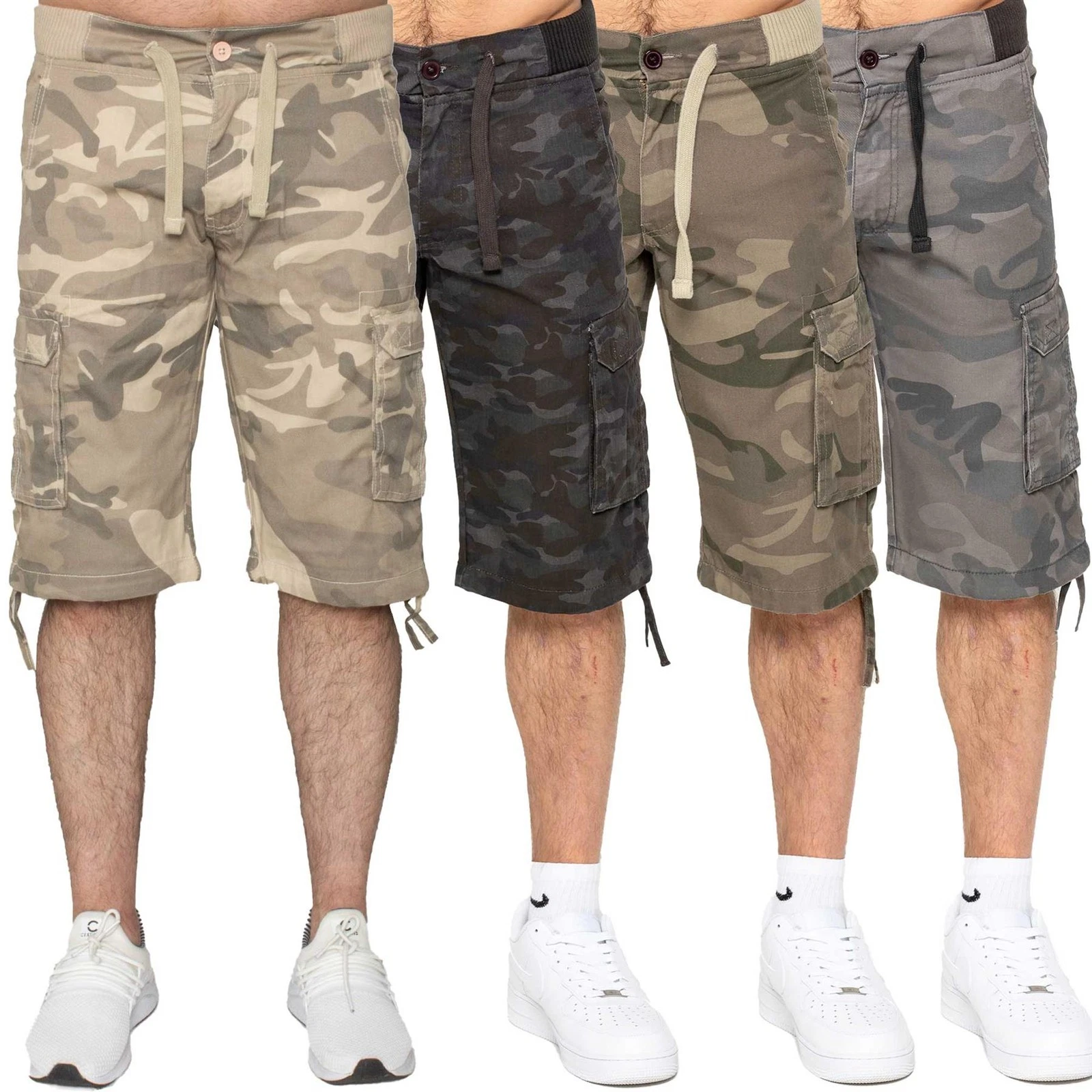 Mens Enzo Cargo Shorts Lightweight Casual Summer Elasticated Camo Half Pants