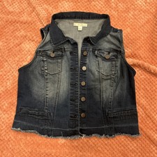 Denim Women's Sleeveless Blue Vest L Frayed Hem Collared Pockets Button