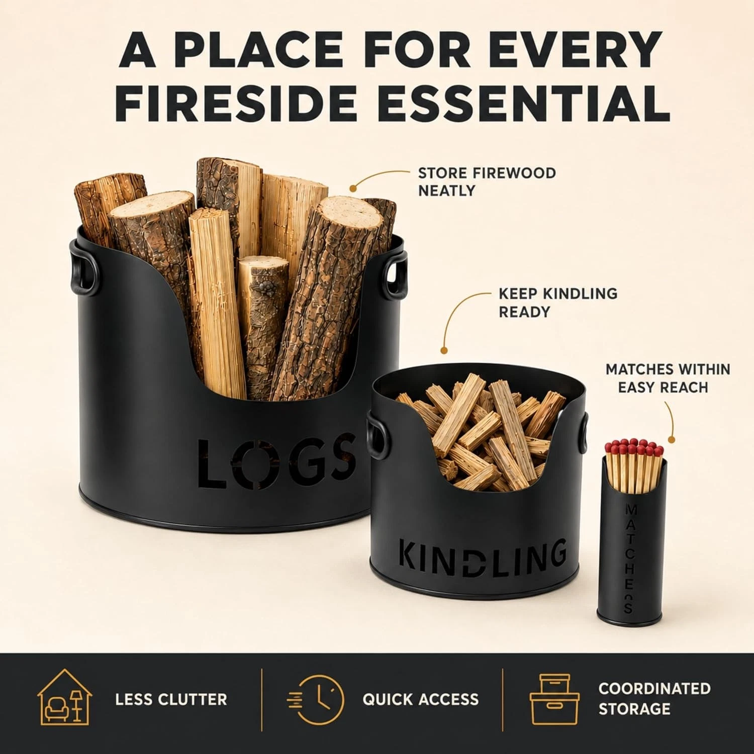 3PC Firewood Log Storage Bucket Set Kindling Match Holder Fireplace Accessories - Image 4
