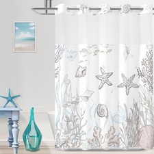 TWLSNCD No Hook Shower Curtain with Snap in Liner, Beach Ocean Nautical Coastal