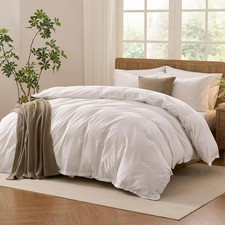 Queen Size Washed Cotton Duvet Cover Set, Lightweight Breathable, White