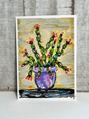 ACEO Art PRINT, Potted Cactus Painting, Colorful Indoor Garden Art